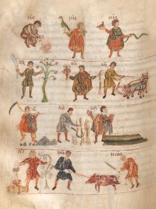 Medieval manuscript depicting agricultural workers