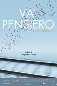 Poster for Va’ Pensiero: Storie ambulanti, featuring a flock of black birds in flight against a pale blue sky.
