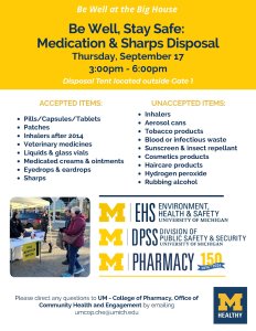 flyer for Be Well at the Big House Medication and Sharps Take Back event with lists of accepted and unaccepted items