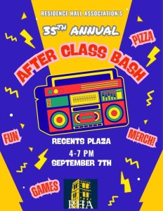 Promotional graphic for the 35th Annual After Class Bash featuring a colorful boombox, with details about the event including time, date, and location. Event details as described.