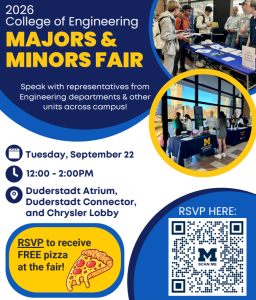 Students talk to a college representative at an information table during the Majors and Minors Fair