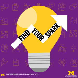 image of a light bulb with an arrow pointing upward with the words "find your spark"; the background has images of puzzles, light bulbs, paper, etc. all symbols representing collaboration