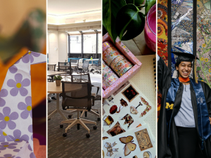Four vertical sections show: a floral-patterned stuffed toy, an office with chairs, craft supplies, and a person in graduation attire smiling and gesturing.