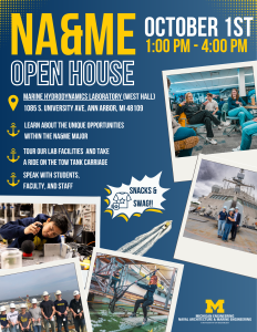 Flyer for Naval Architecture & Marine Engineering Open House on October 1st from 1-4pm with pictures of students.