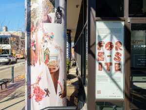Image of the pillars outside Stamps Gallery, decorated as part of an earlier phase of The Stamps Gallery Pillar Project