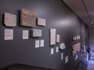 A wall of mounted marble Roman inscriptions adjacent to a set of stairs in the Kelsey Museum.