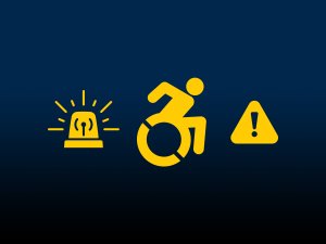 Icons for a visual alarm, a rolling wheelchair, and a hazard symbol