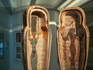 View of the open coffin of Djehutymose, showing painted depictions of the ancient Egyptian goddesses Nut and Amentet standing, surrounded by rows of hieroglyphs. Nut has her hands and hair raised above her head, while Amentet walks in profile with a falcon on her head.