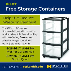 Storage bin reuse pilot with dates, locations, and image of plastic storage bin example.