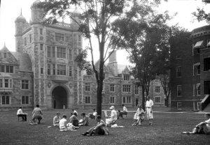 Students lounging in the Law Quad.