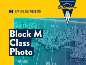 Students gather on the field at Michigan Stadium to form the University of Michigan Block M for the annual class photo.