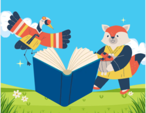 A red panda and a bird wearing traditional Korean hanboks reading a book