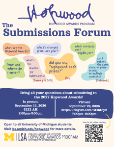 Submissions flyer with multicolored "thought bubble" questions and answers about the event's details.