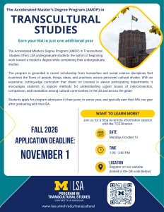 Accelerated Master’s Degree Program in Transcultural Studies at University of Michigan, with fall 2026 application deadline on November 1 and info session on October 12.