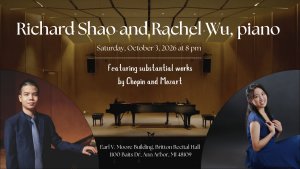 Poster with images of Shao, Wu, and two pianos on stage in Britton Recital Hall.