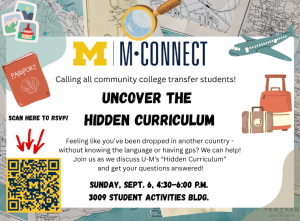 Text reading M-Connect Uncover the Hidden Curriculum on a background with a map design and images of a passport, an airplane, and luggage.