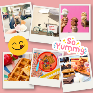 Light pink background with polaroid photos pulled directly from Jeni's Ice Cream and Evergreen Waffles media pages showcasing the waffles and ice cream products.