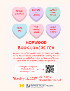 Hopwood Book Lovers Tea flyer with candy hearts.
