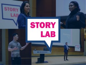 Collage of students presenting at the Story Lab Showcase