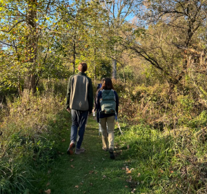 Students hiking a wooded trail together.