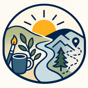 A cheerful illustration of a sunrise over rolling hills, with a winding trail, evergreen tree, and map pin alongside a coffee mug, paintbrush, and leafy plant. The image captures the spirit of exploring, creating, slowing down, and getting outside.