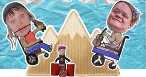 The faces of two musicians in wheelchairs and one musician playing the drums on a paper background with cardboard mountains