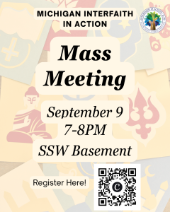 Flyer advertising Michigan Interfaith in Action's mass meeting.