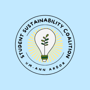 student sustainability coalition text in a circle around a lightbulb with a plant inside