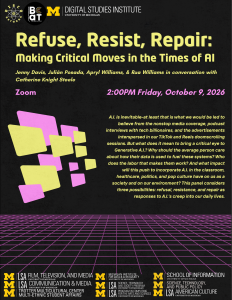 Event poster for “Refuse, Resist, Repair: Making Critical Moves in the Times of AI” with abstract squares and a grid.
