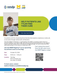 flyer for UM College of Pharmacy x NMDP Donor Drive with event information