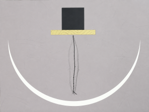 Israel-Palestine II (2010) by Larry Abramson, an abstract painting featuring a large white arc above a thin vertical form, with a dark rectangular block resting on a narrow yellow-orange band against a pale gray background.