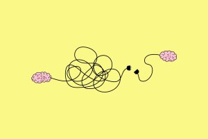 Illustration of two brains with long power cables close to plugging in to each other