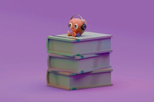 cute heart-shaped character with headphones sits on top of three large books
