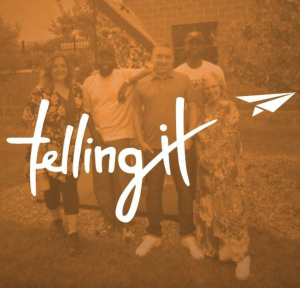 Photo of 5 members of Telling It staff with orange and white Telling It logo over top