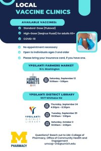 flyer for U-M College of Pharmacy Sponsored Flu & COVID Vaccine Clinic with event details