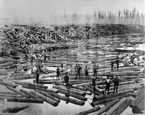 Beginning of the log drive, Grand Rapids (black-and-white copy of a MI Dept. of Conservation image); Bentley Historical Library: Bentley Image Bank digital collection.