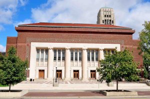 Hill Auditorium with Burton Tower in the background.