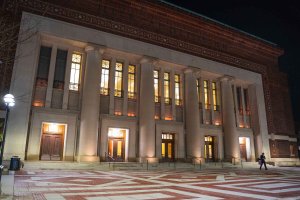 Hill Auditorium exterior at night