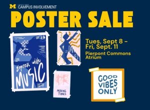 blue flyer with poster sale in large yellow font advertising for Sept 8-11 in pierpont commons