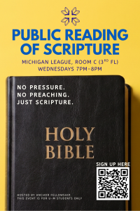 The Holy Bible against a yellow background with a Public Reading of Scripture Header.