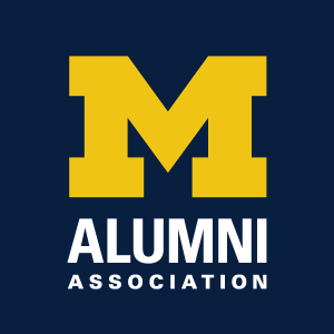 Alumni Association of the University of Michigan logo featuring a maize Block M above “Alumni Association” in white on a navy background.