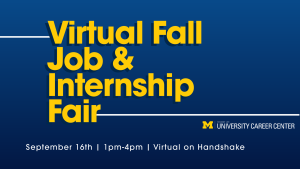 Graphic announcing the Fall Job & Internship Fair, taking place September 16th from 1 p.m. to 4 p.m. virtually on Handshake.