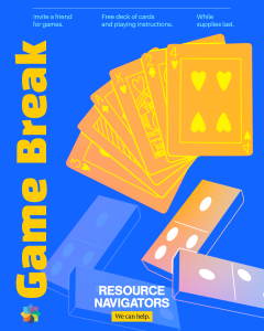Graphic has blue background with a hand of playing cards and dominoes.