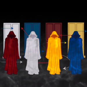 Four cloaked figures in front of four doors with arrows