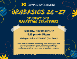 Navy blue promotional graphic for 'OrgBasics 26-27: Student Org Marketing Strategies,' hosted by University Unions Campus Involvement at the University of Michigan. Text on a tan taped-paper note reads: Tuesday, November 17th, 5:15 pm-6:45 pm, Michigan Union - 2210 ABC (2nd Floor). Learn how to create a marketing plan that aligns with your organization's goals, reaches your target audience, and increases your impact on campus. The design features decorative squiggly line doodles in yellow and red, small flower and circle accents, and the University of Michigan Block M logo in the top center.