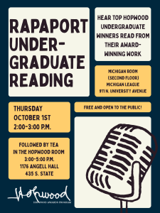 Rapaport Undergraduate Reading flyer with the event date, time, and details about the readings.