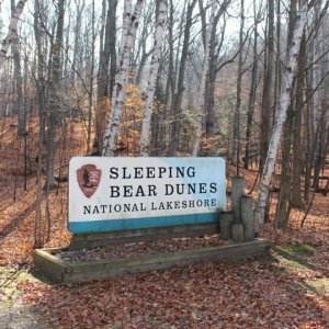 Sleeping Bear Dunes National Lakeshore Park Sign nestled between heavily wooded area