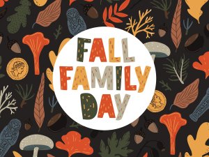 Graphic reading, “Fall Family Day.” The text is encircled in white and overlays repeated illustrations of fall leaves, acorns, mushrooms, and other plants, interspersed with gold Roman coins and blue Egyptian ushabti figurines.