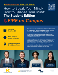 Promotional graphic for the How to Speak Your Mind/How to Change Your Mind Speaker Series event ft. FIRE