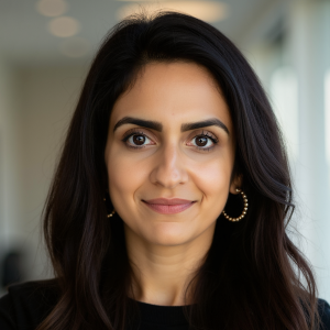 Headshot of a woman with long dark hair and gold hoop earrings, smiling gently against a soft, out-of-focus background.